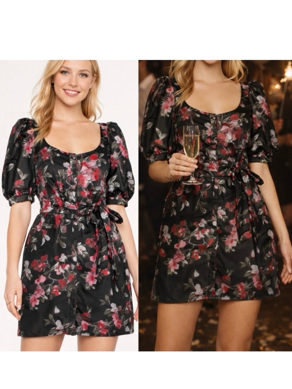 LPA Revolve Black Floral Puff Sleeve Mini Dress Tie Waist Cocktail Wedding Guest